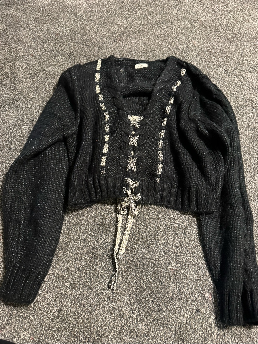 Black Cropped Crewneck Sweater with Silver Trim Detail